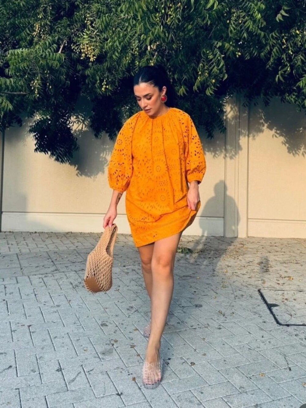 Zara Tangerine Eyelet Puff Sleeve Dress